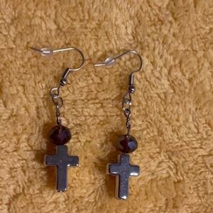 Elegant Silver Cross Earrings with Dark purple Beads